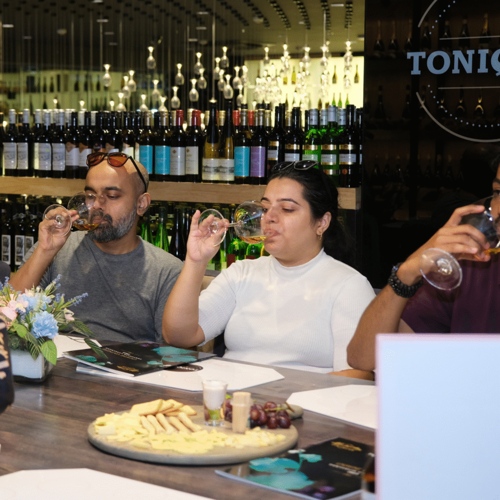 At Tonique Pune’s wine tasting session, two guests immerse themselves in the rich flavors of our wines—sharing laughter, impressions, and the joy of discovering something truly exceptional.